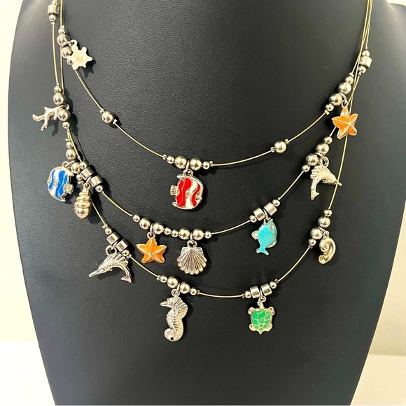 Ocean Multi-Charm Silver Layered Wired Necklace with Whimsical Accents Rare Vaca - Picture 2 of 6